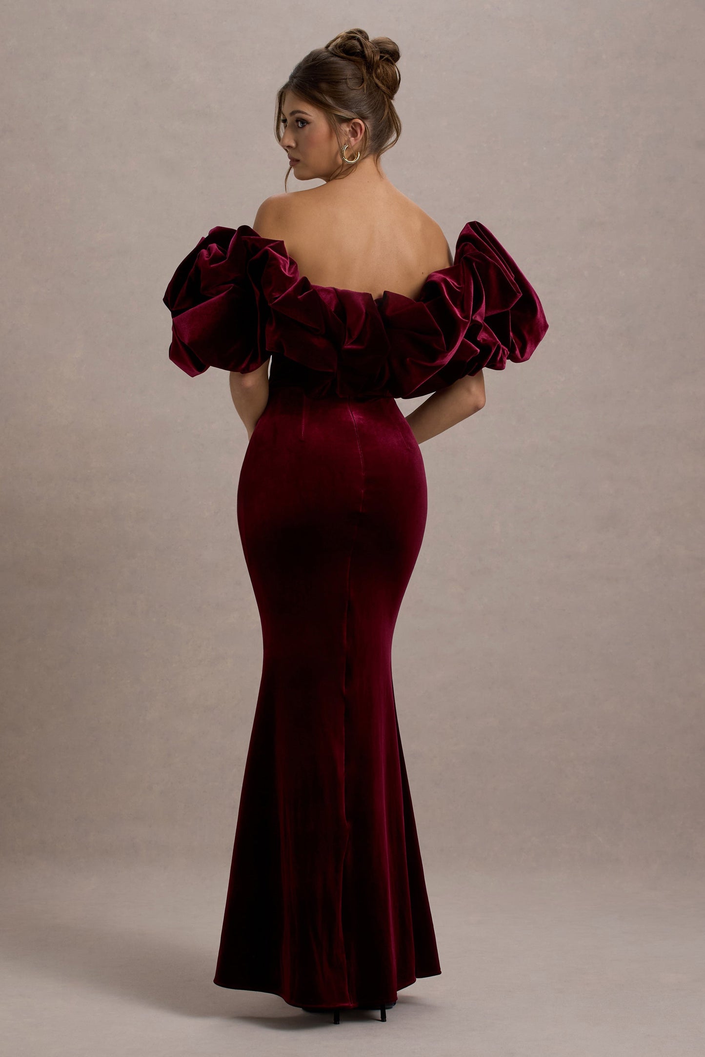 Cecily | Port Velvet Bardot Maxi Dress With Velvet Ruffle Trim