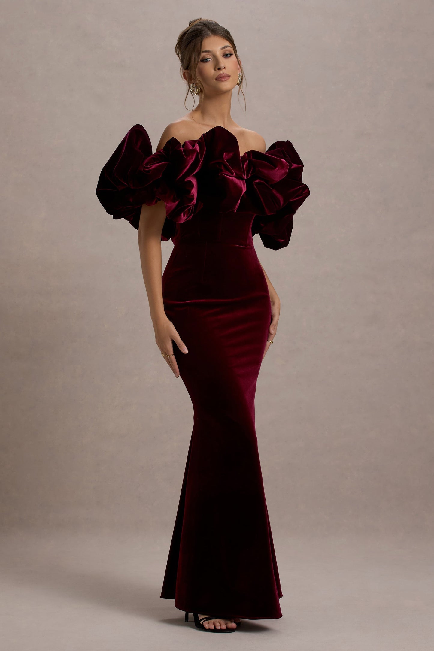 Cecily | Port Velvet Bardot Maxi Dress With Velvet Ruffle Trim