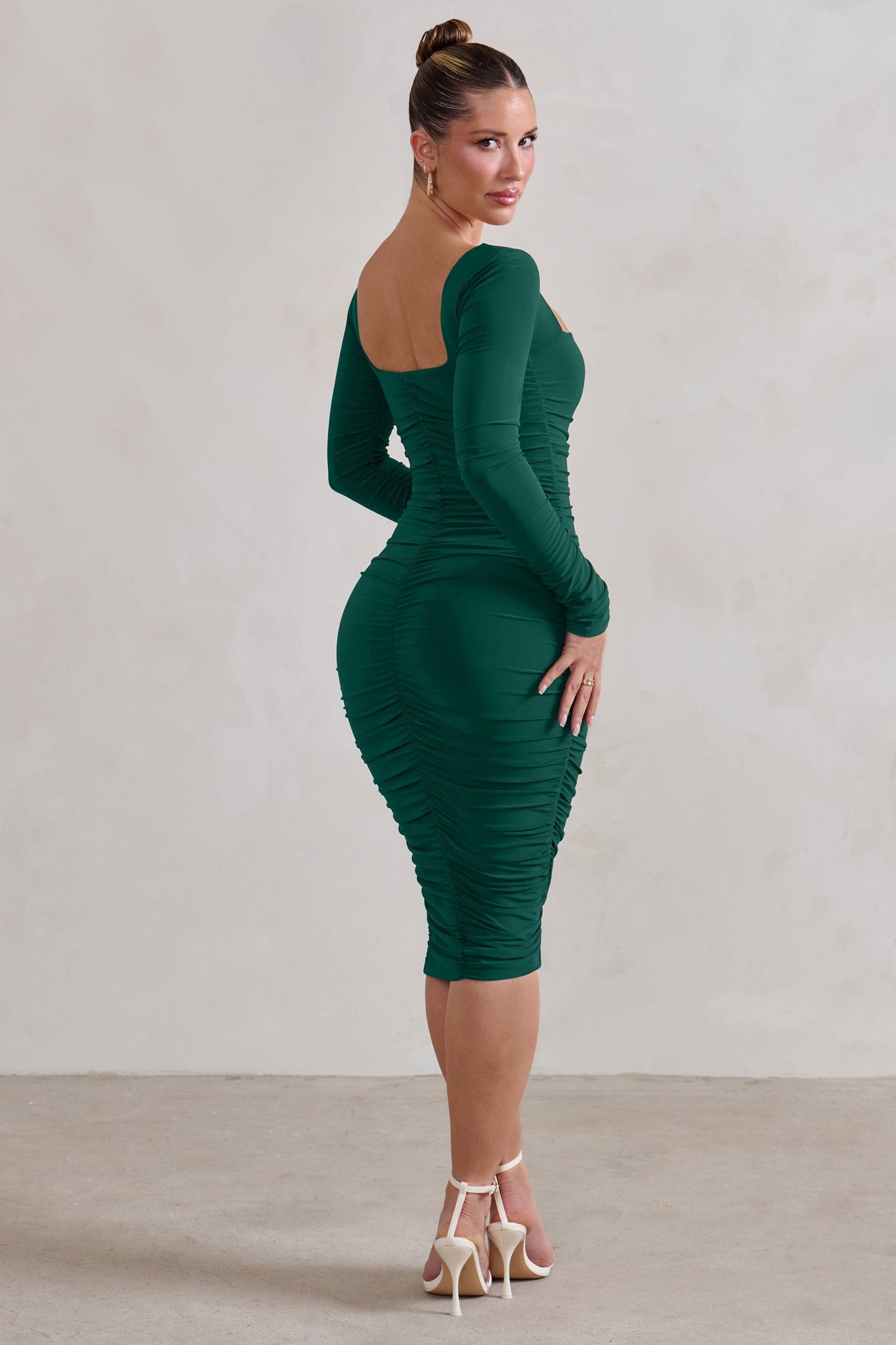 Seductress | Bottle Green Square Neck Bodycon Midi Dress With Long Sleeves