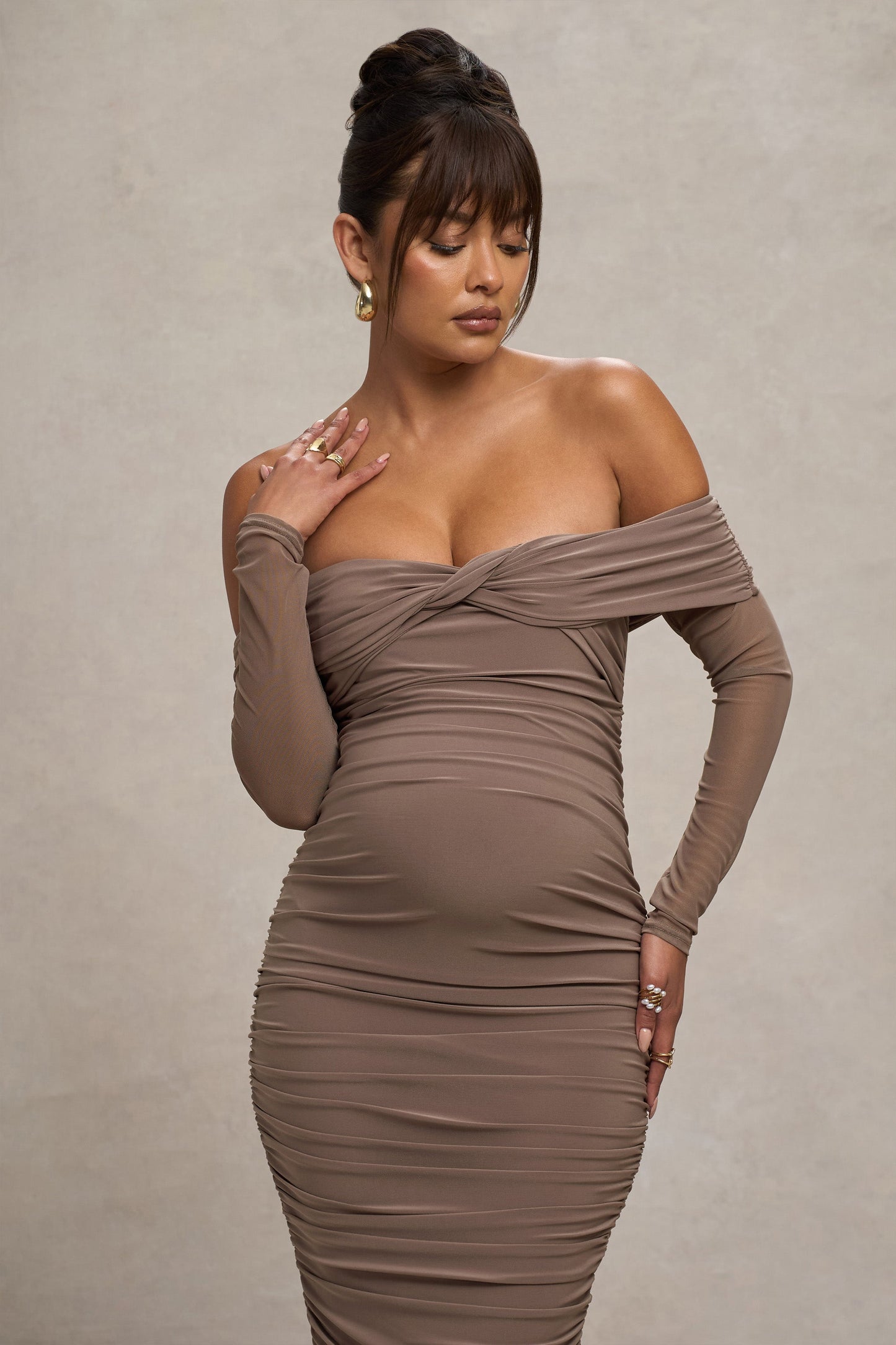 Neva | Mocha Bardot Twist Maternity Midi Dress