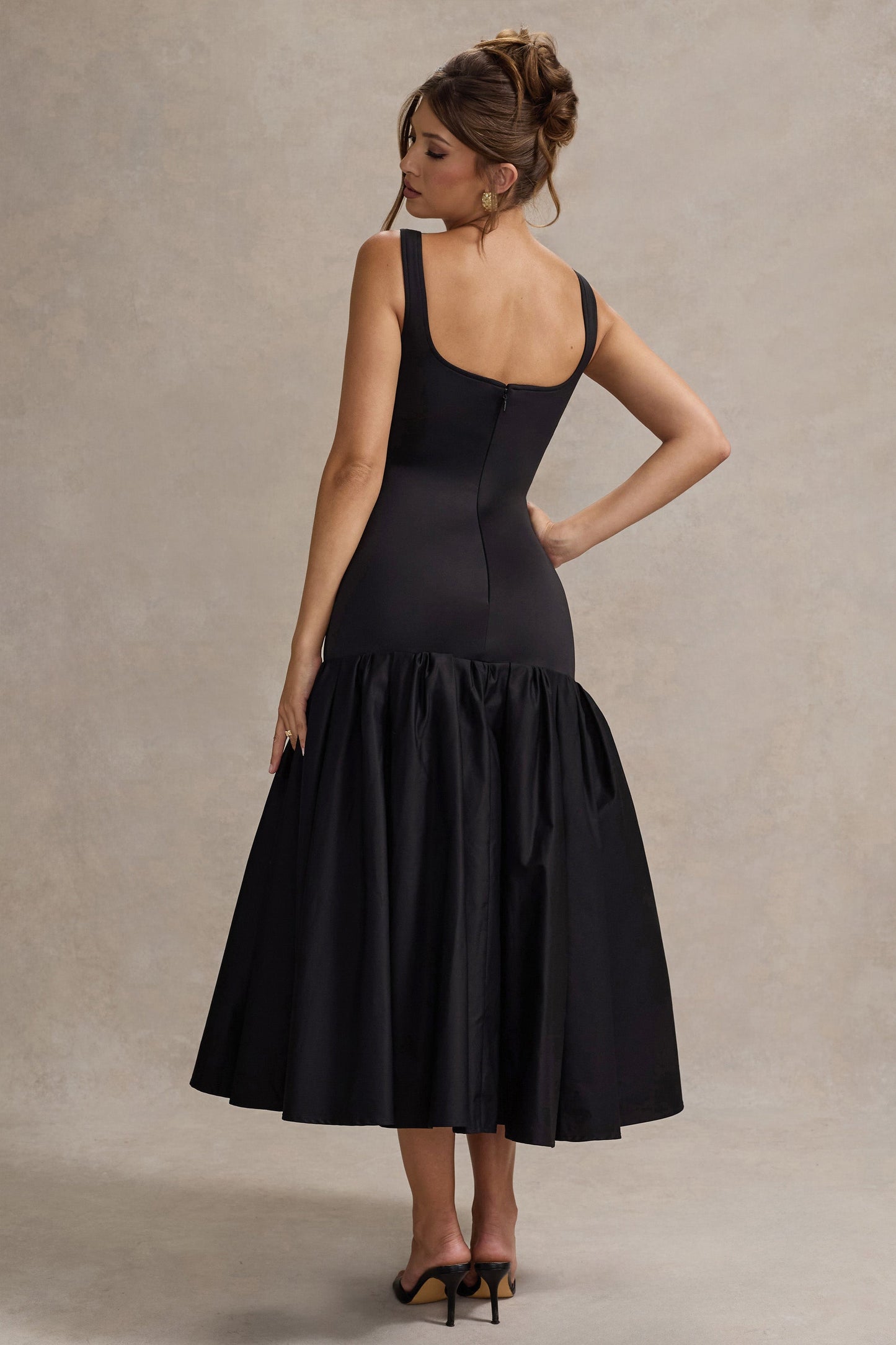 Parida | Black Poplin Drop-Waist Midi Dress With Peplum Hem