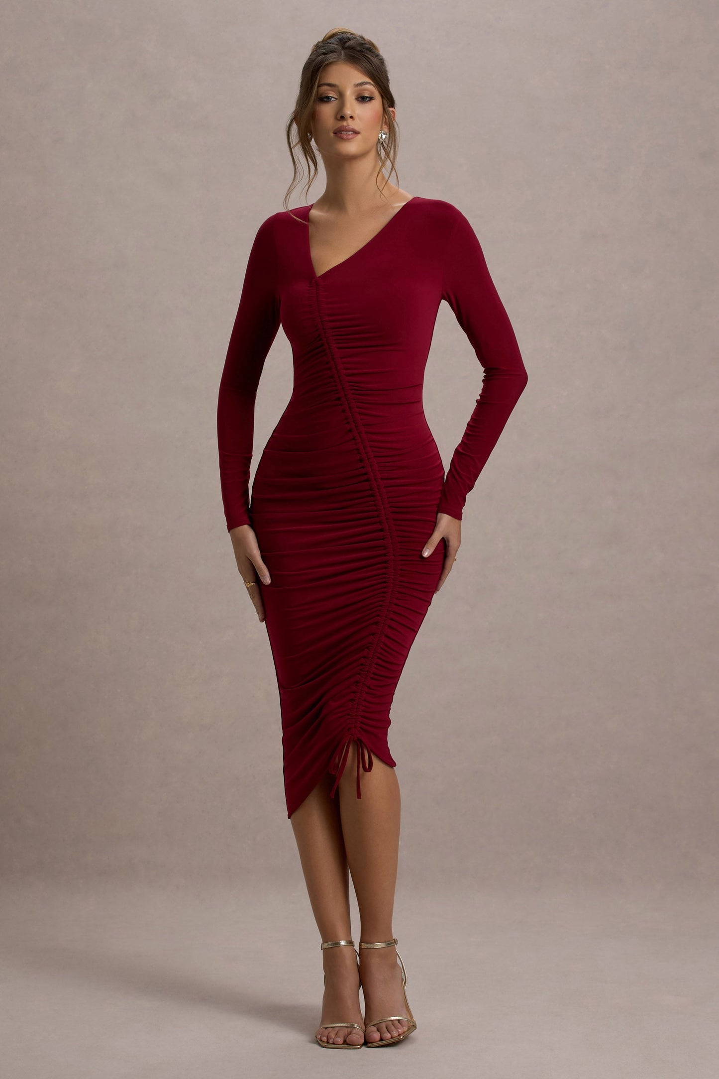 Lilia | Berry Ruched Asymmetric Midi Dress