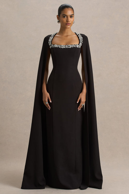 Glossy | Black Woven Square-Neck Maxi Dress With Cape Sleeves and Embellished Detail