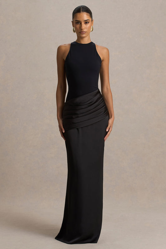 Akari | Black High-Neck Maxi Dress With Satin Skirt