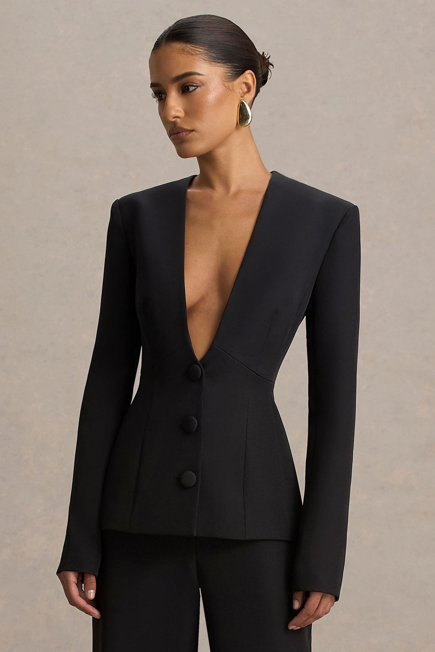 Rosalina | Black Extreme-Plunge Neck Tailored Blazer