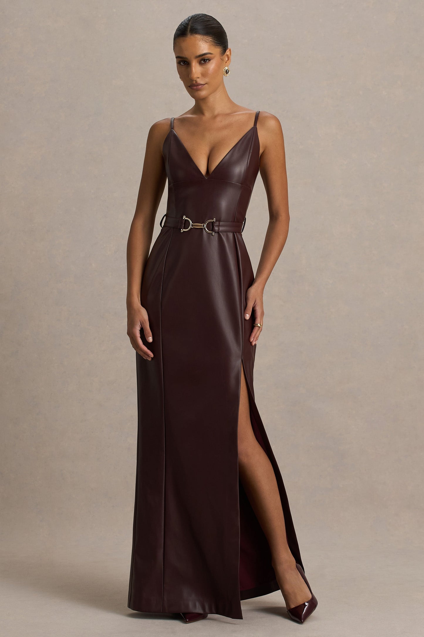 Lila | Burgundy Faux Leather Plunge-Neck Maxi Dress With Split