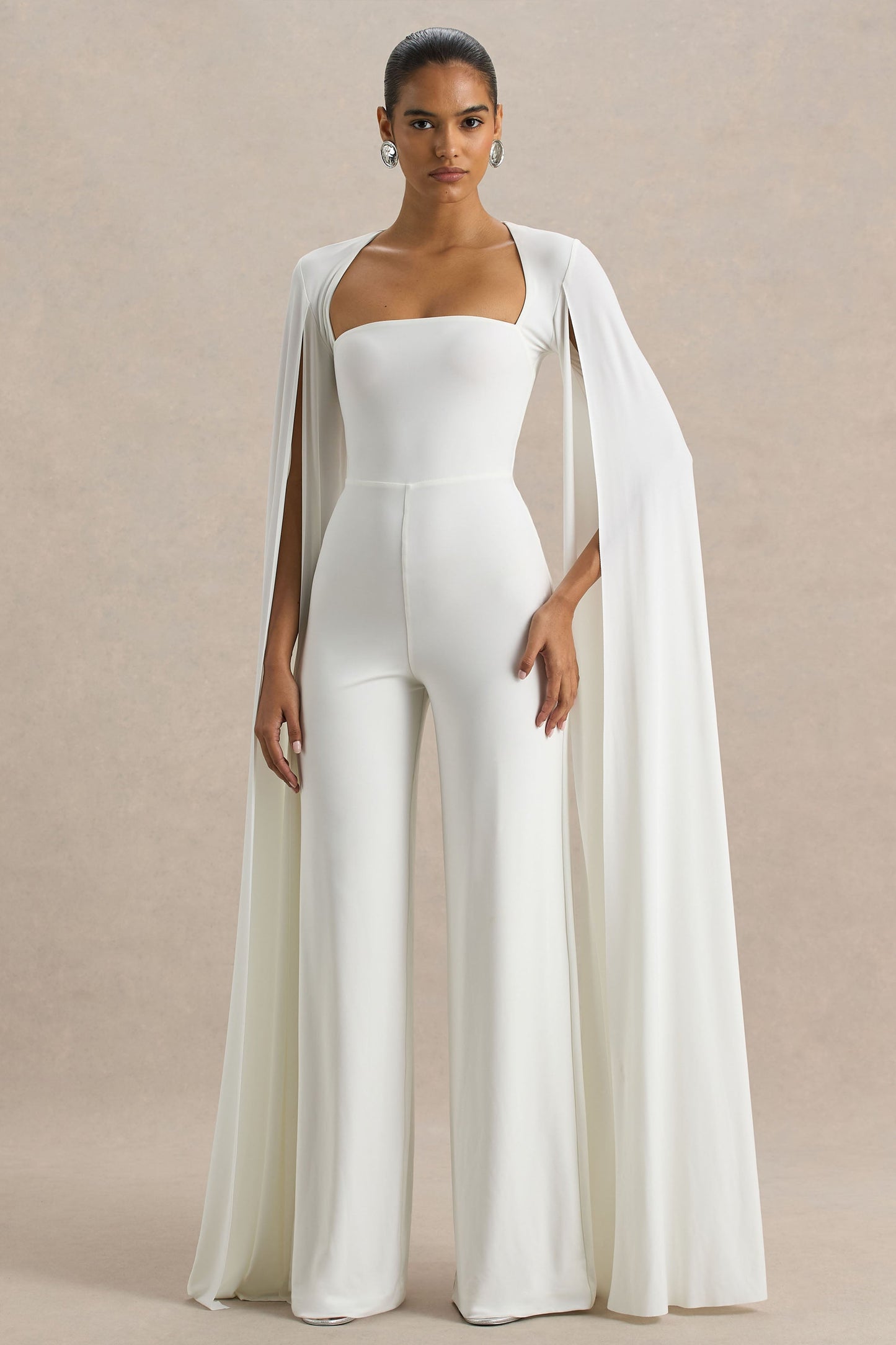 Zara | White Square-Neck Jumpsuit With Cape Sleeves