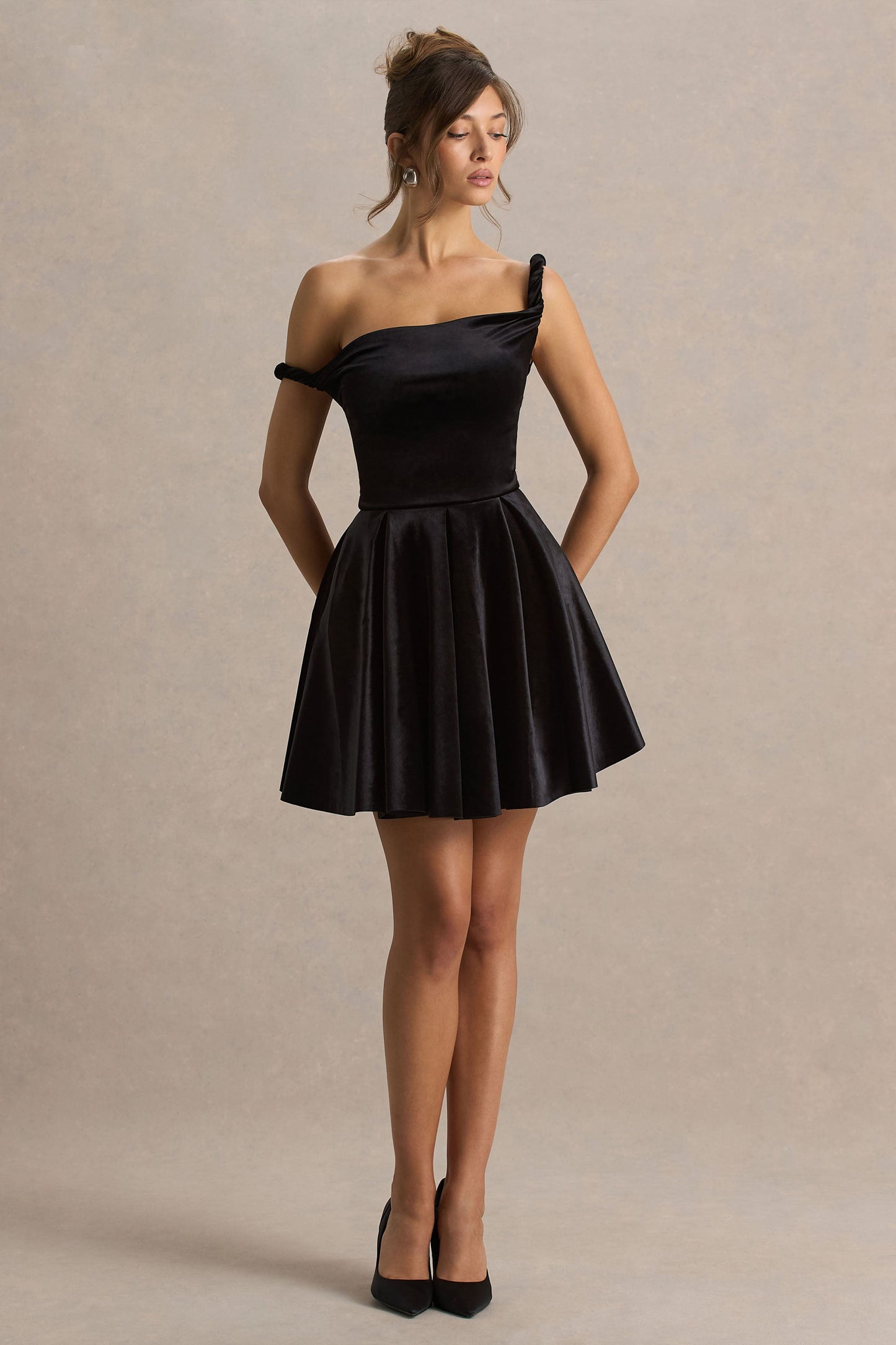Leticia | Black Velvet Asymmetric-Neck Velvet Mini Dress With Twist-Sleeve