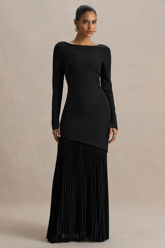 Yanira | Black Crepe And Georgette Crew-Neck Maxi Dress With Drop Waist