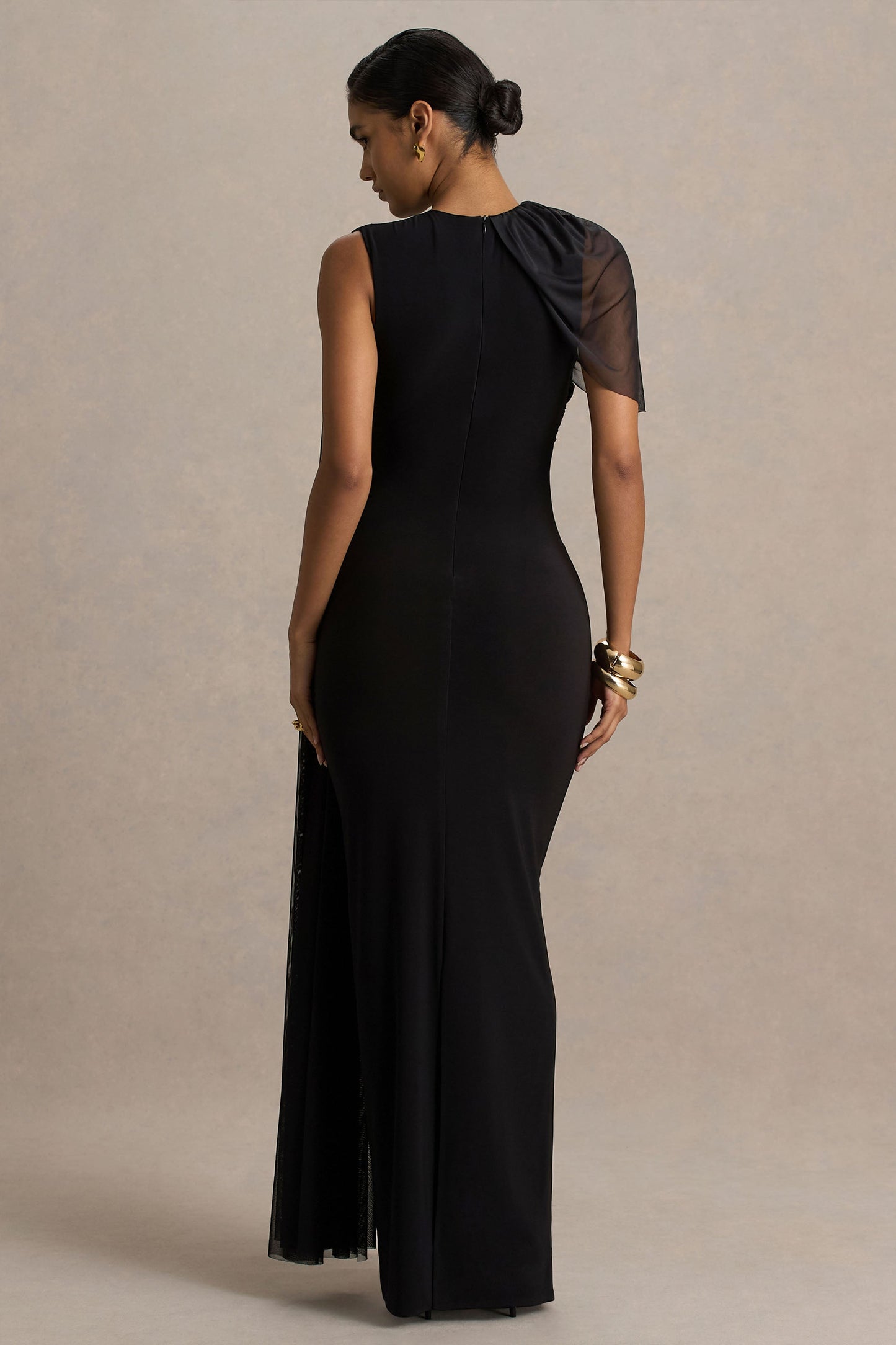 Brenda | Black Maxi Dress Mesh Cape And Sash
