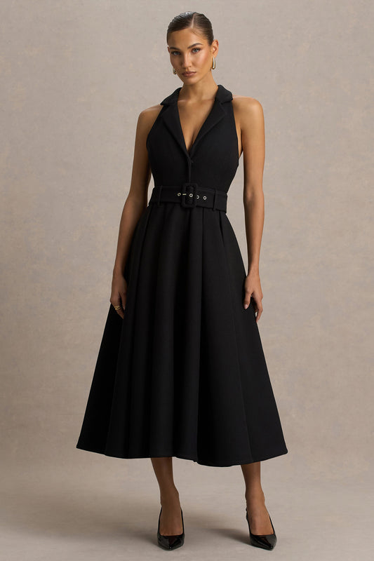 Alissa | Black Plunge-Neck Tailored Midi Dress