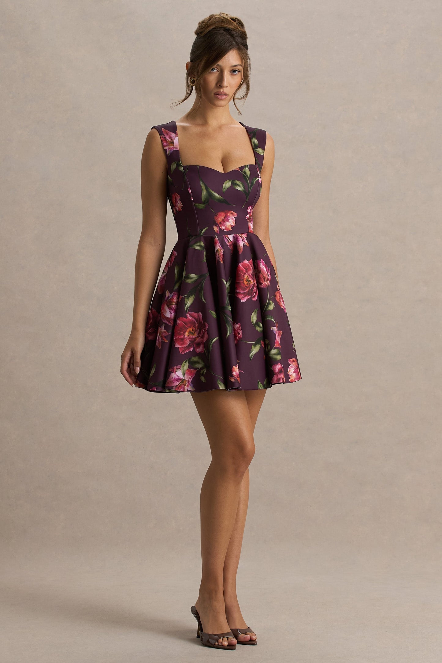 Magic | Burgundy Floral Print Sweetheart-Neck Mini Dress.