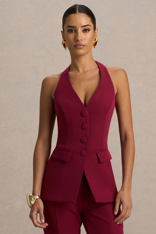 Tecla | Burgundy Button-Up Tailored Top