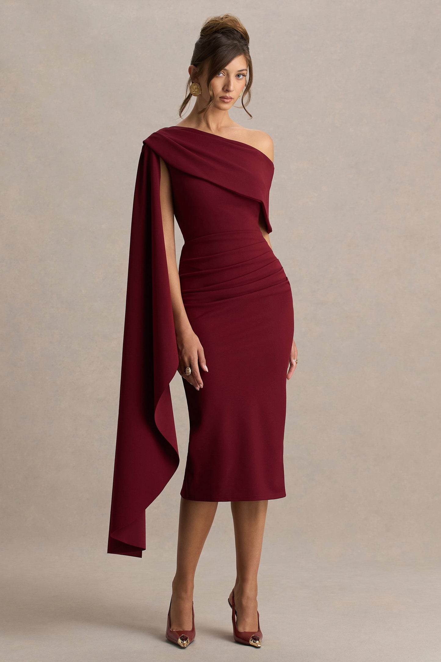 Leah | Burgundy Asymmetric-Neck Midi Dress With Cape-Sleeve And Draped Detailing