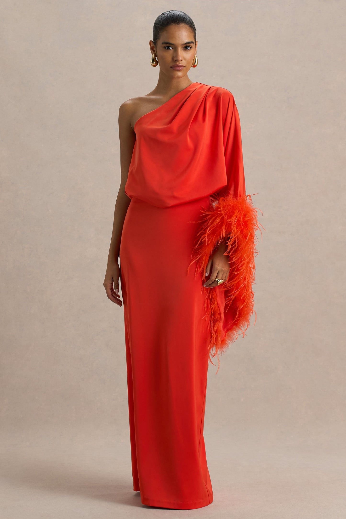 Felicity | Orange Satin Asymmetric-Neck Maxi Dress With Feather and Ruching Details