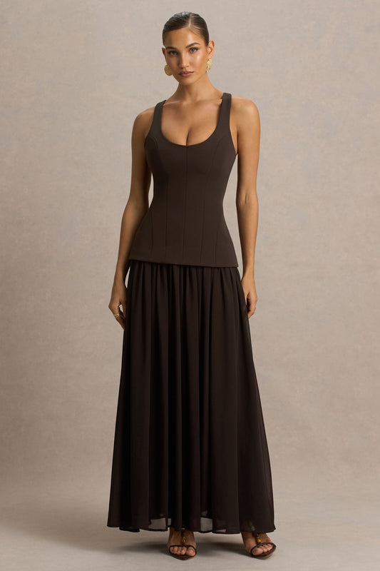Kelly | Brown Scoop-Neck Maxi Dress With Mesh And Pleated Detailing