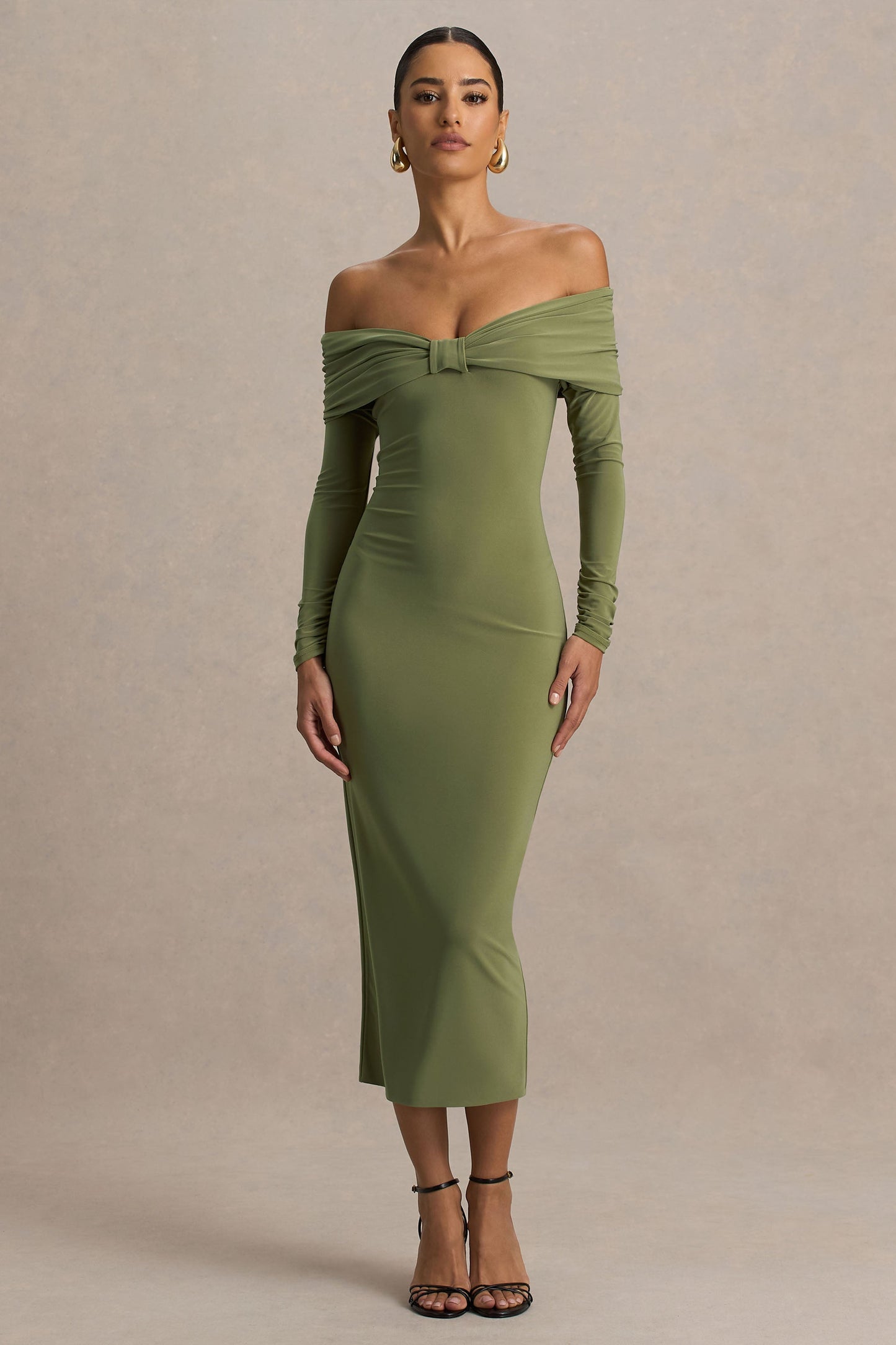 Spark | Olive Bardot-Neck Maxi Dress With Bow Detail