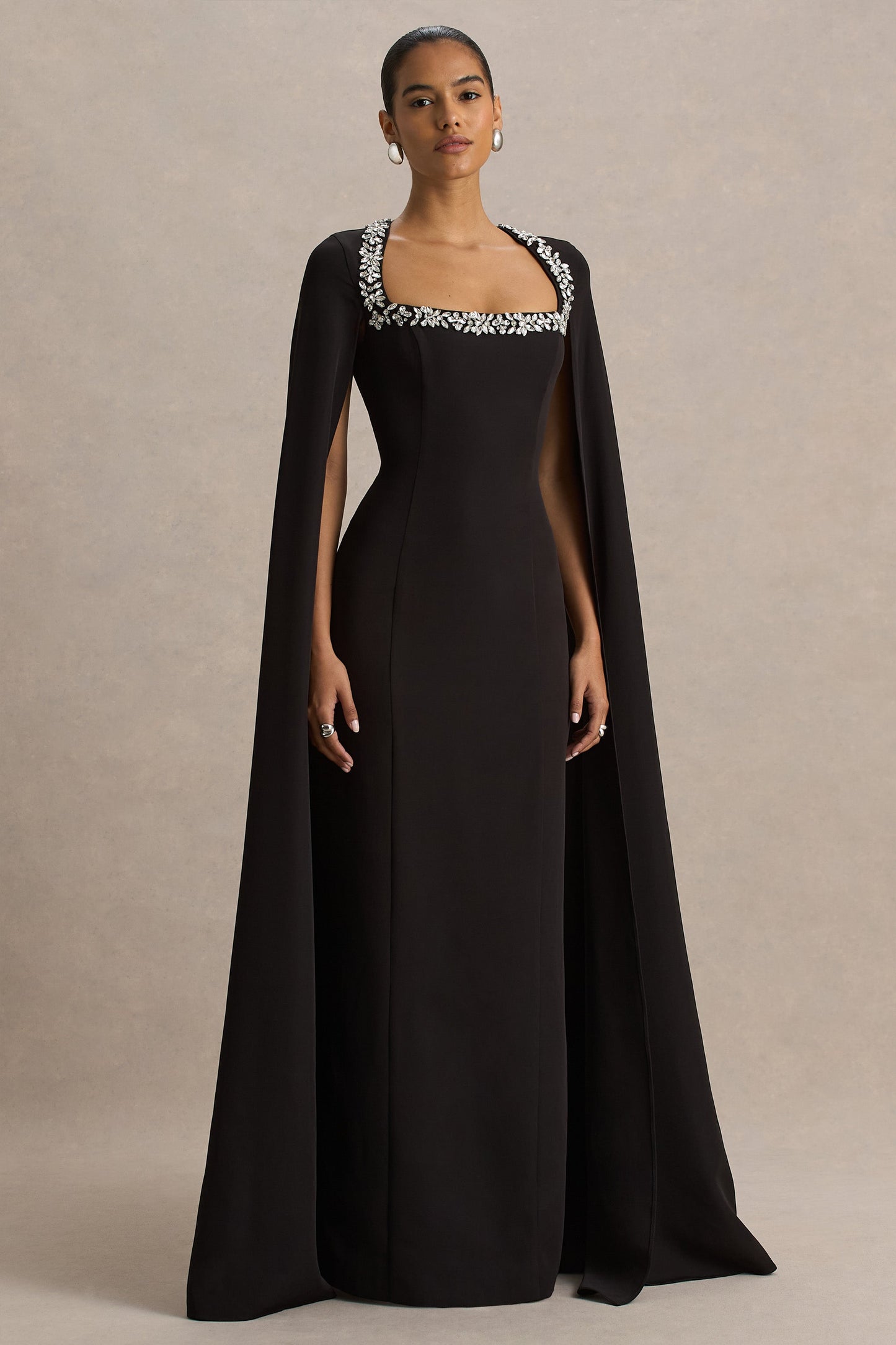 Glossy | Black Woven Square-Neck Maxi Dress With Cape Sleeves and Embellished Detail