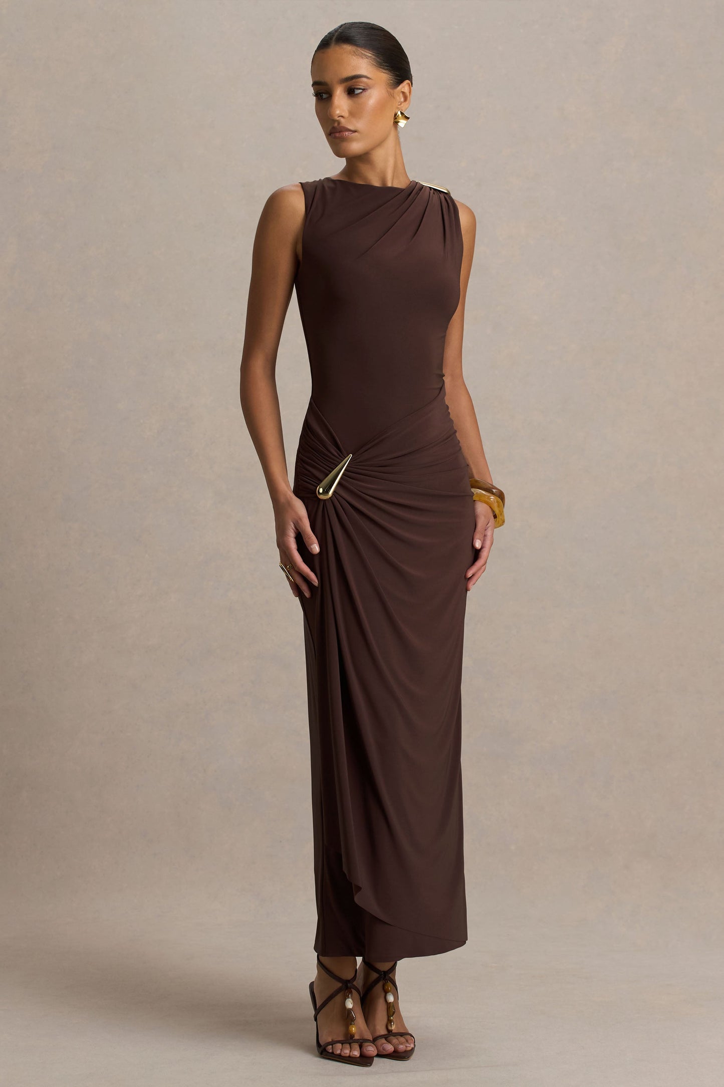 Fiora | Brown High-Neck Maxi Dress With Metal Detail