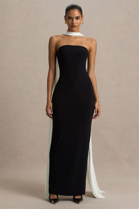Kelilah | Black And White Bandeau Maxi Dress With Cape