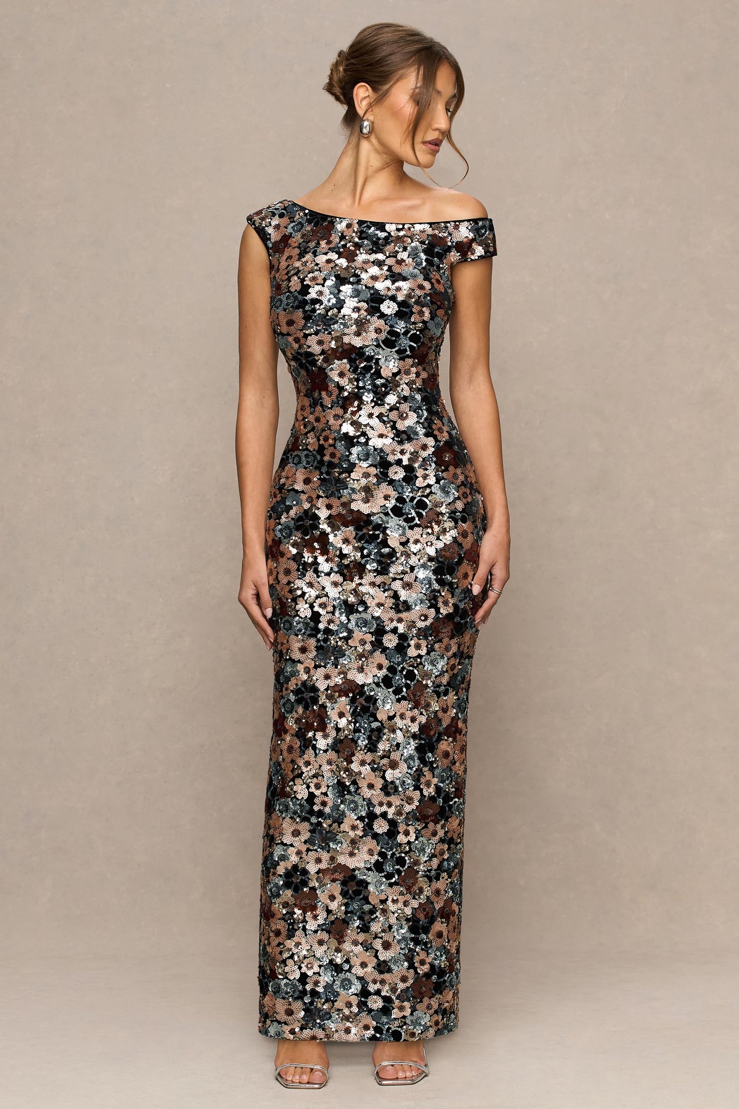 Electric | Black Sequin Floral Velvet Asymmetric-Neck Maxi Dress