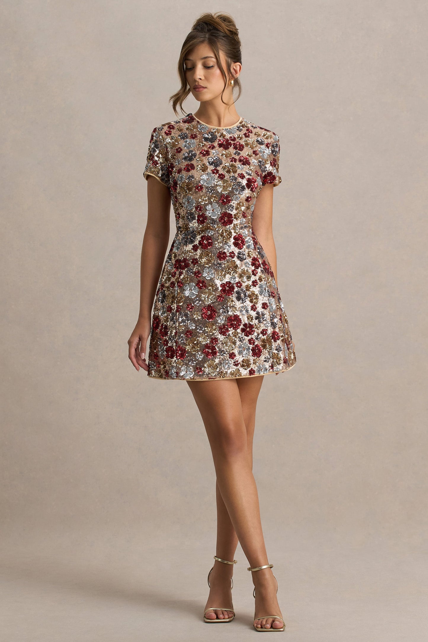 Eira | Red Floral Sequin Crew-Neck Mini Dress