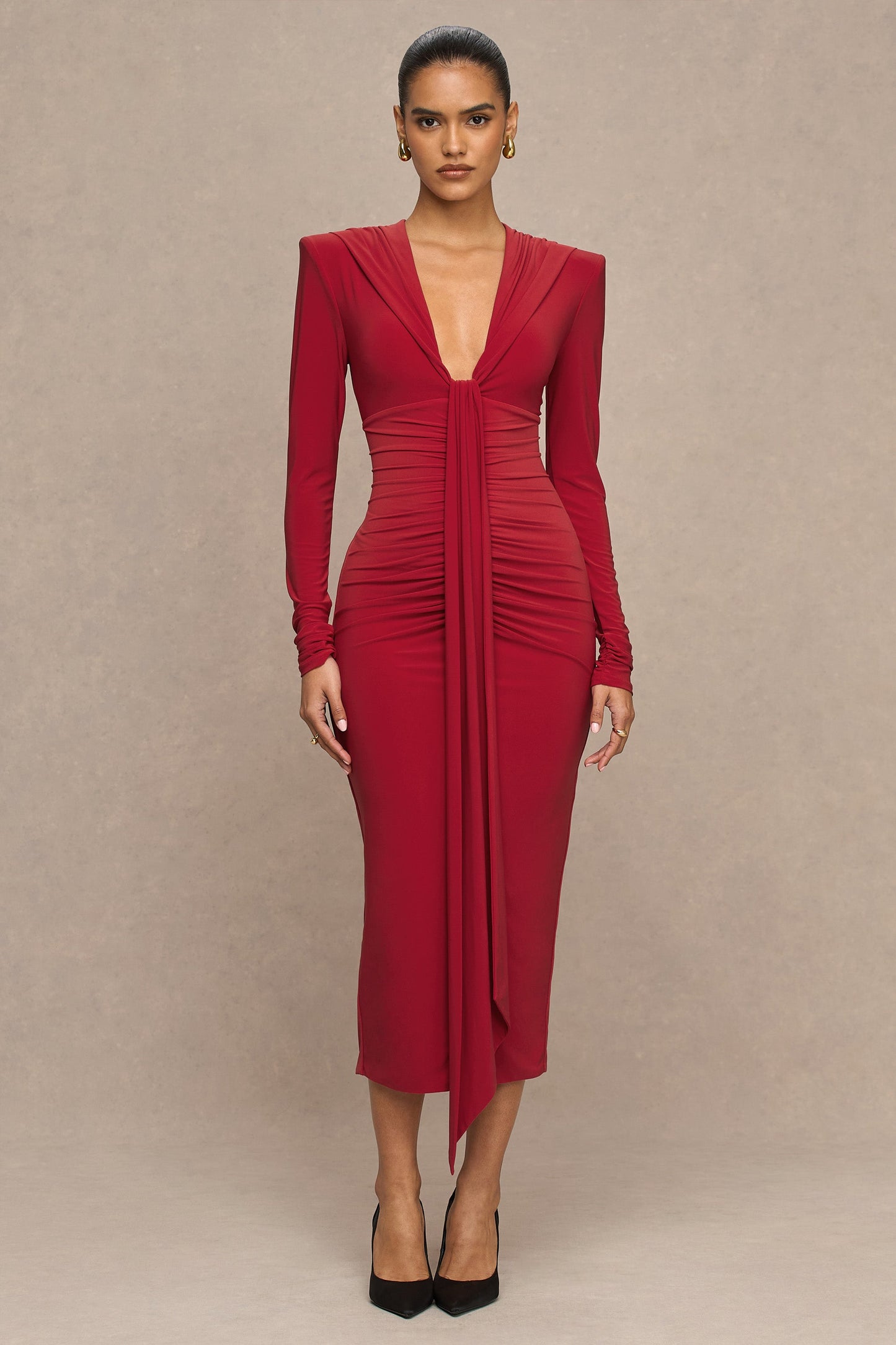 Ivara | Red Plunge-Neck Maxi Dress With Ruched Detailing And Sash