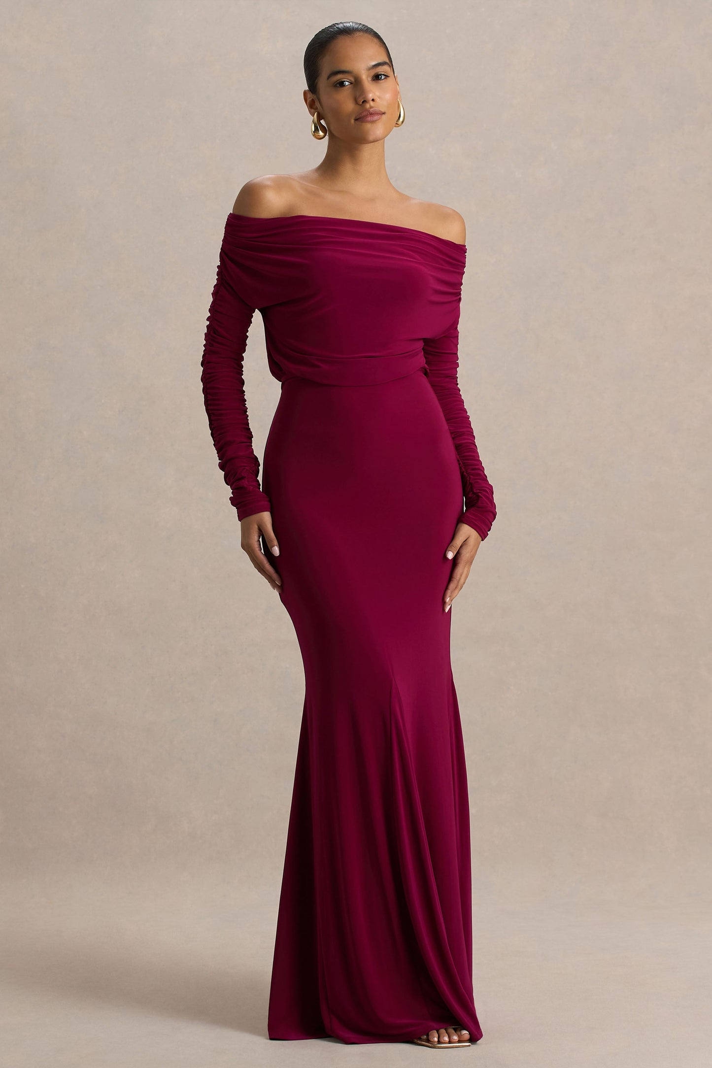 Cilla | Burgundy Bardot-Neck Maxi Dress With Ruched Detailing