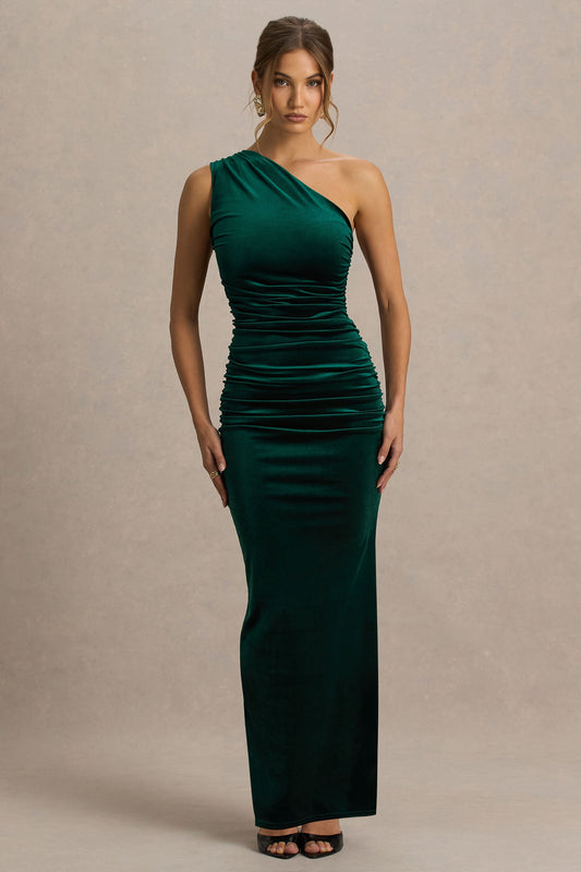 Treat | Bottle Green Velvet Asymmetric-Neck Maxi Dress With Ruched Detailing