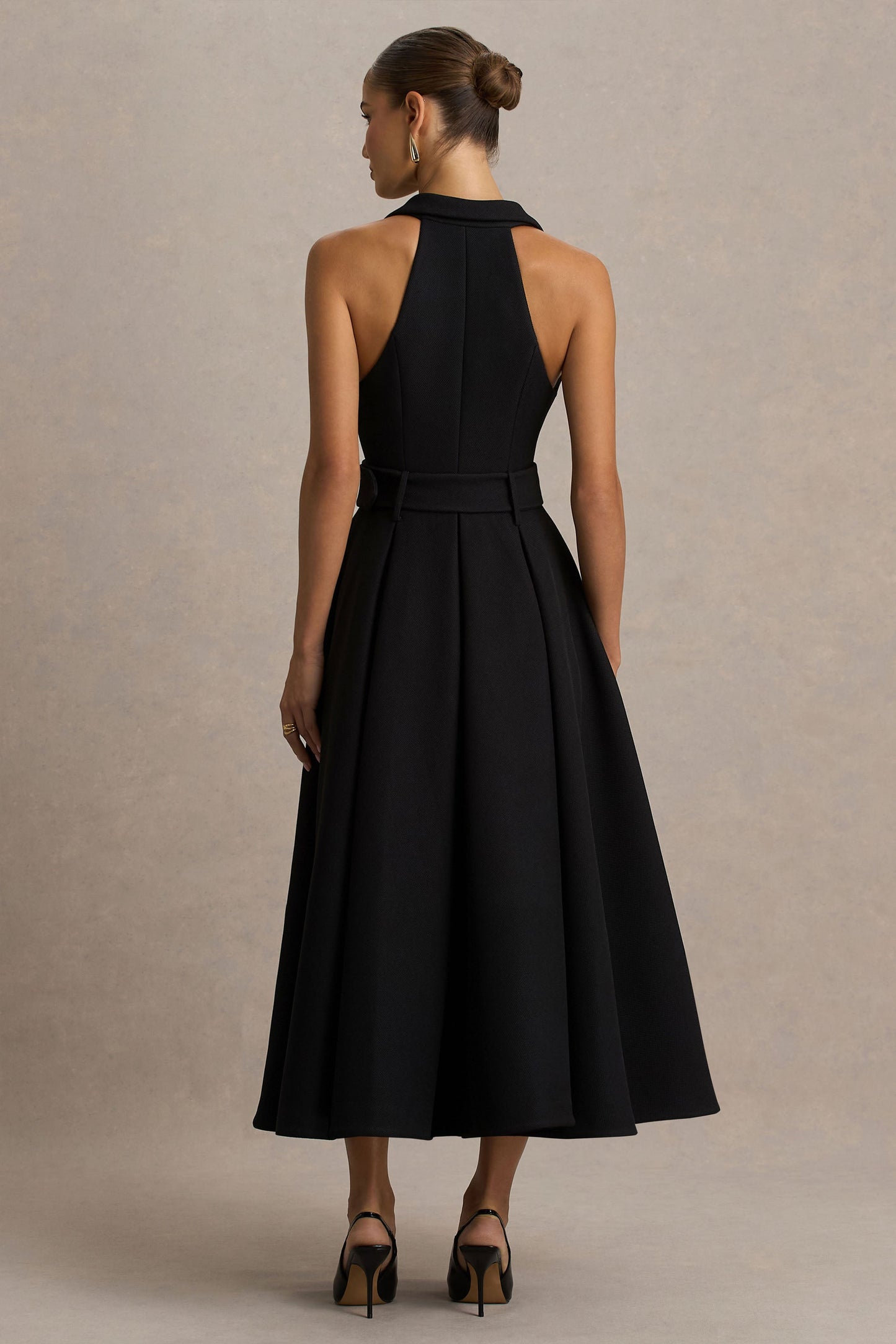 Alissa | Black Plunge-Neck Tailored Midi Dress