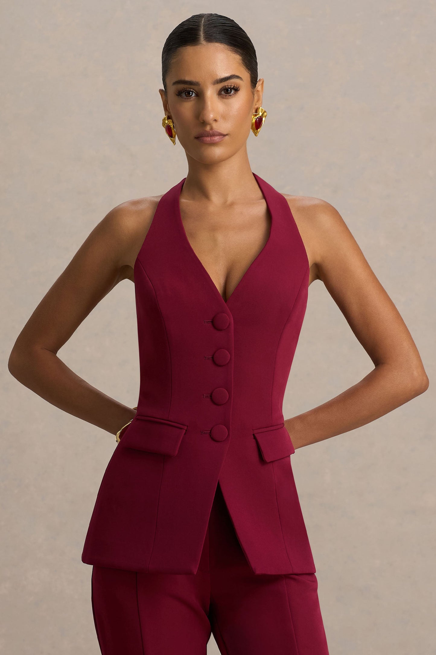 Tecla | Burgundy Button-Up Tailored Top