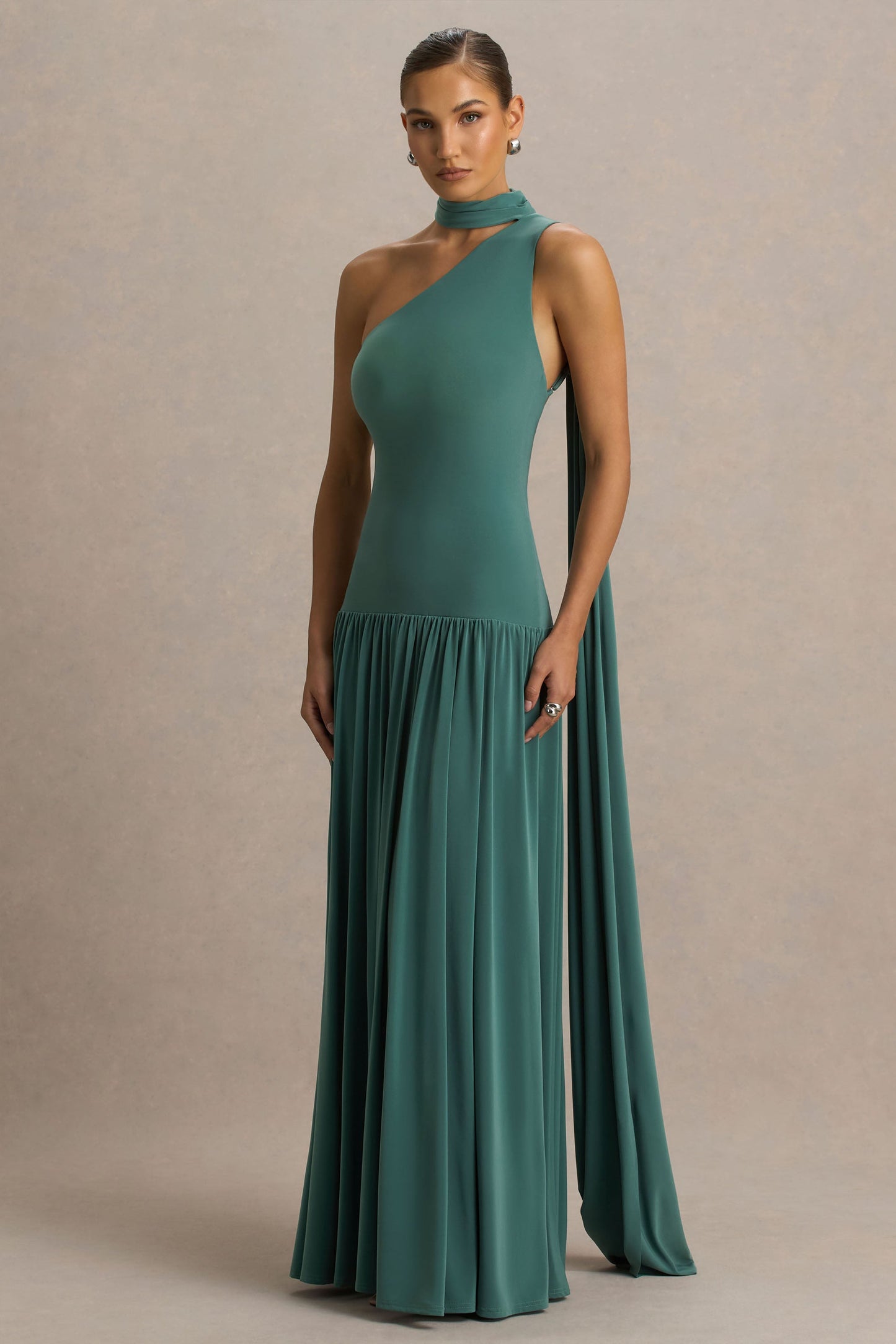 Freesia | Teal Asymmetric-Neck Maxi Dress With Scarf-Detail