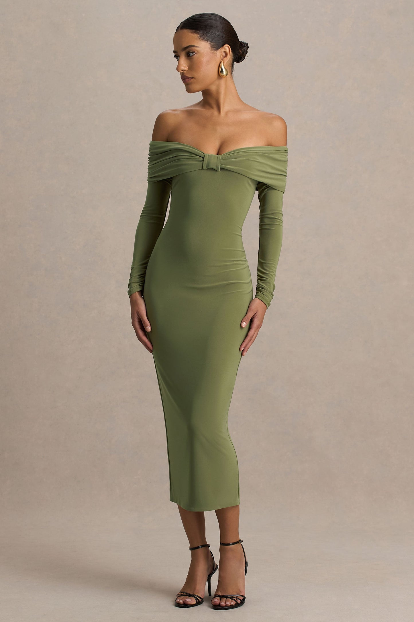 Spark | Olive Bardot-Neck Maxi Dress With Bow Detail