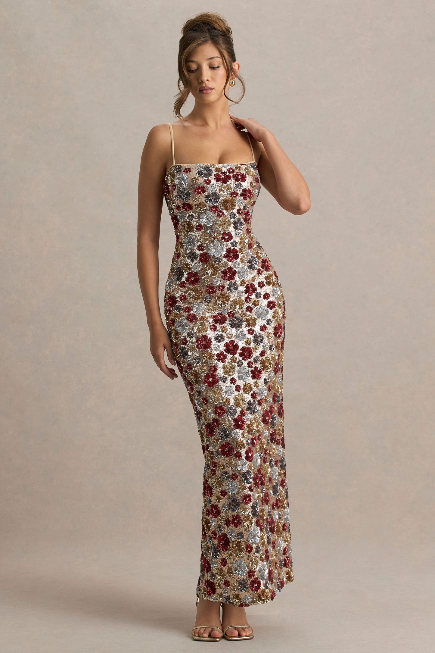Vitora | Red Floral Sequin Square-Neck Maxi Dress