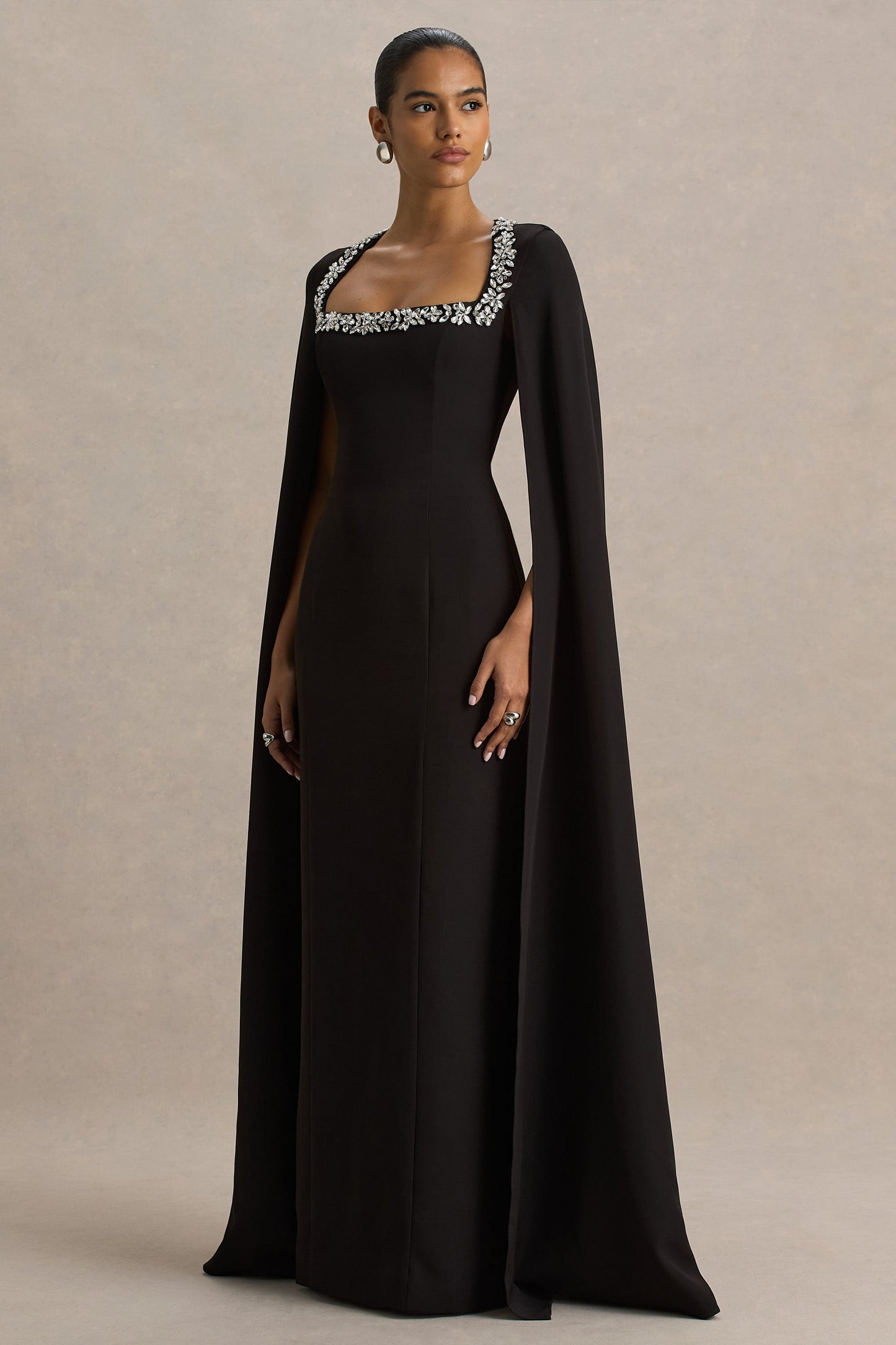 Glossy | Black Woven Square-Neck Maxi Dress With Cape Sleeves and Embellished Detail