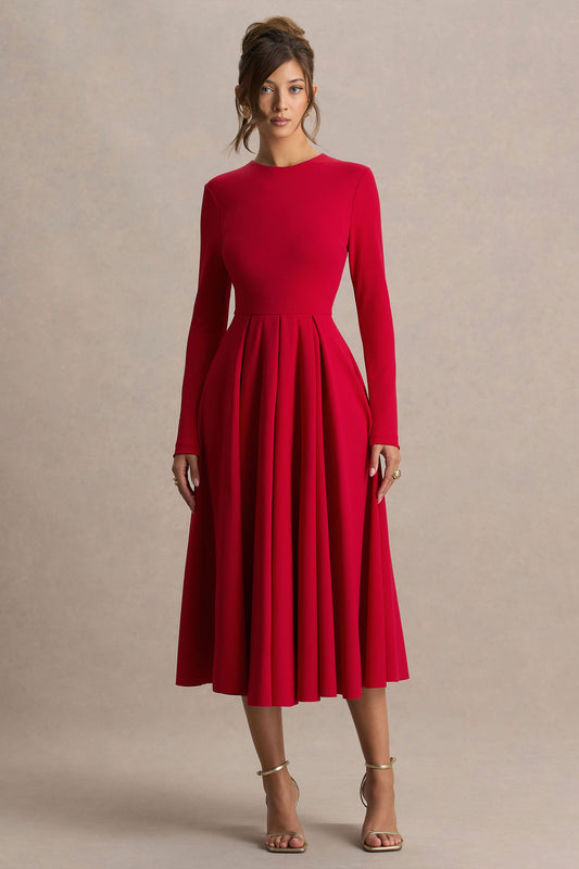 Bellamy | Red Crew-Neck Long-Sleeve Midi Dress