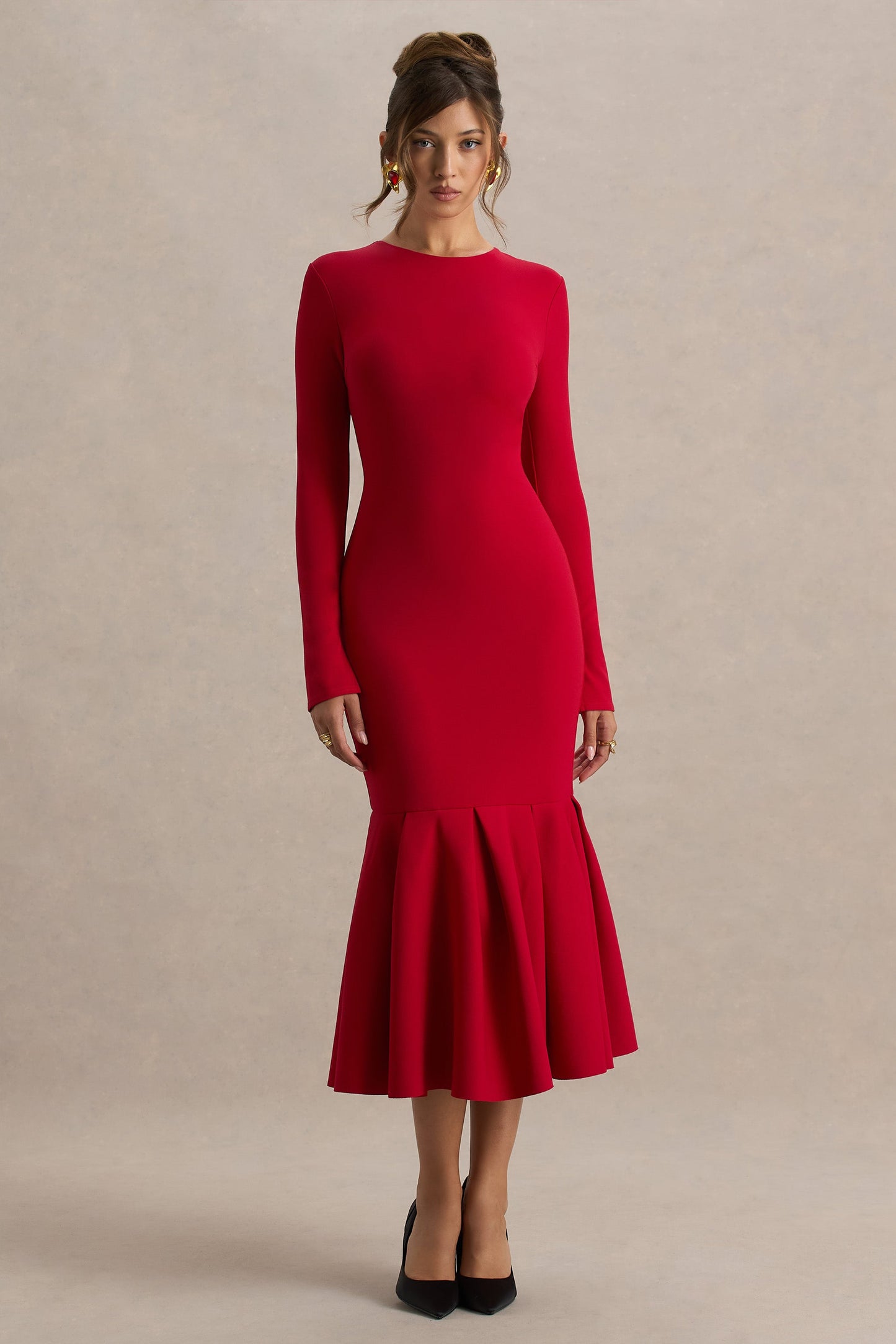 Liberty | Red High Neck Mermaid Maxi Dress With Ruffling Detail