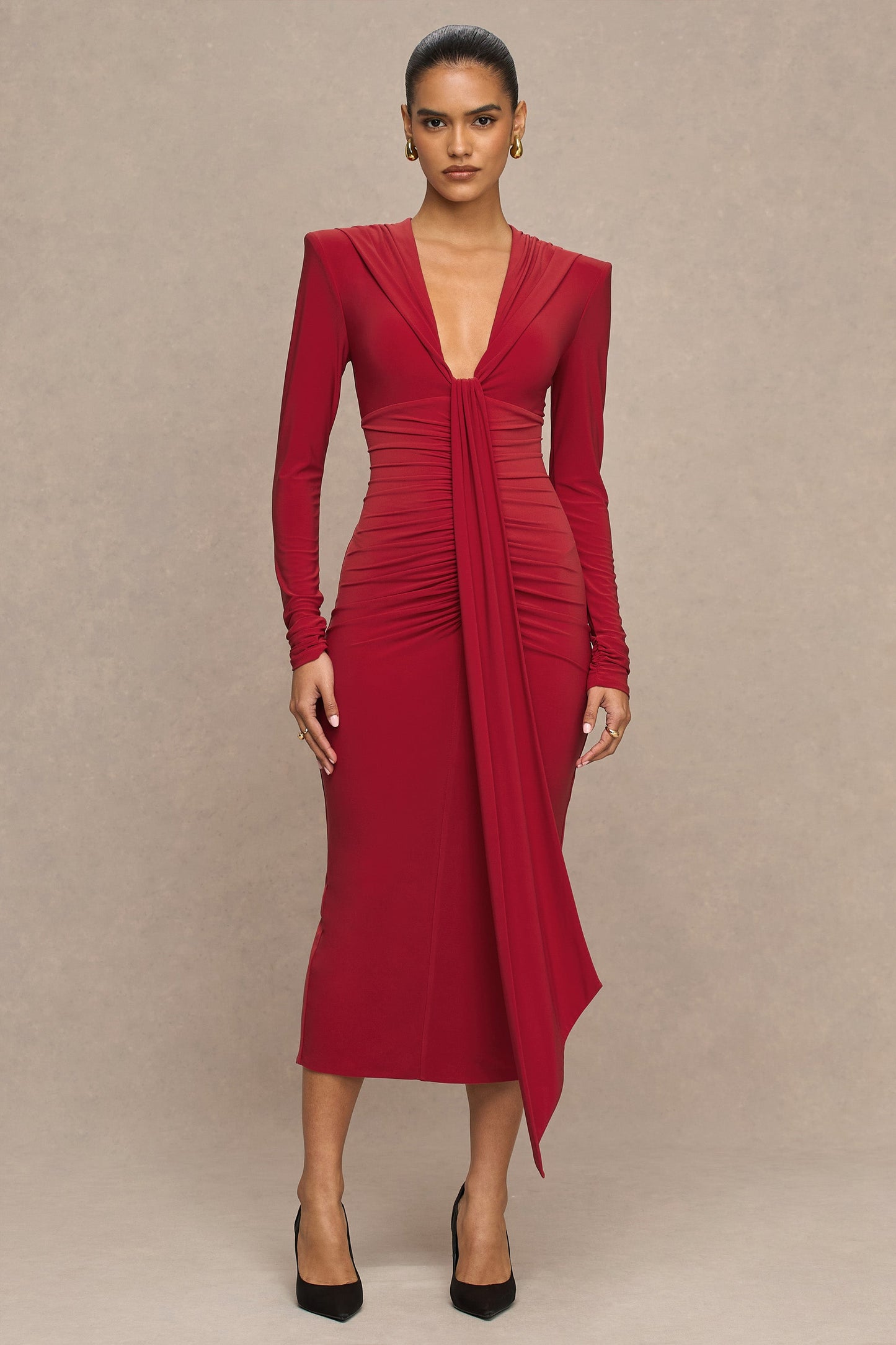 Ivara | Red Plunge-Neck Maxi Dress With Ruched Detailing And Sash