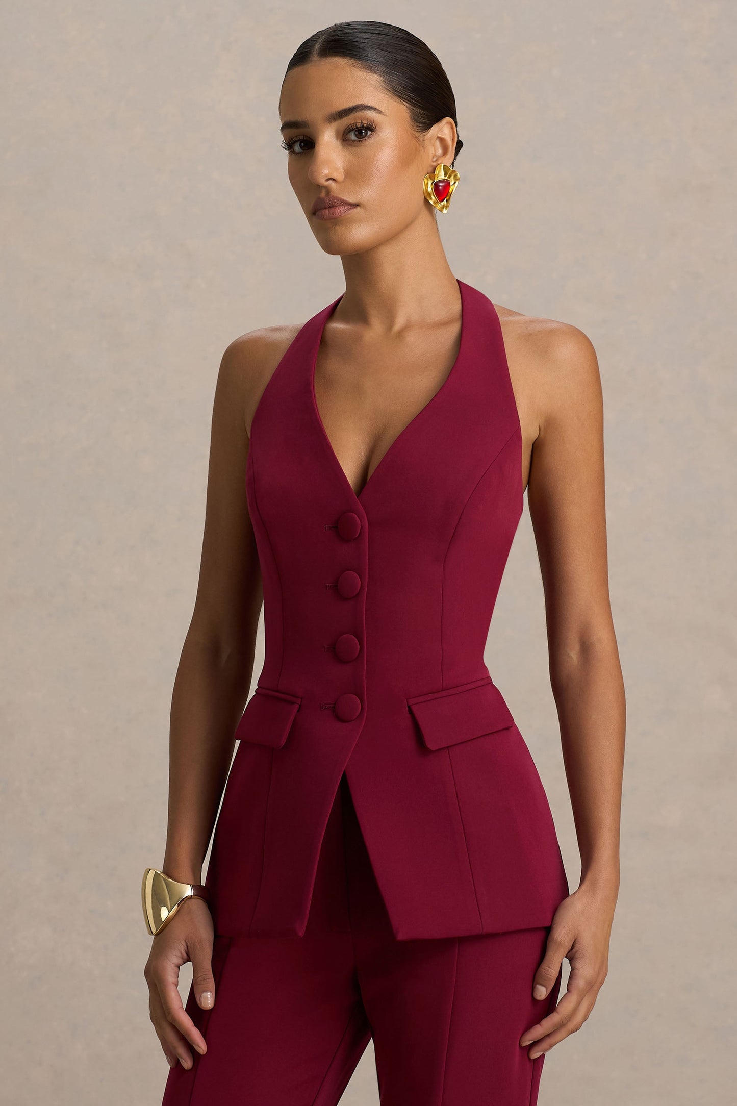 Tecla | Burgundy Button-Up Tailored Top