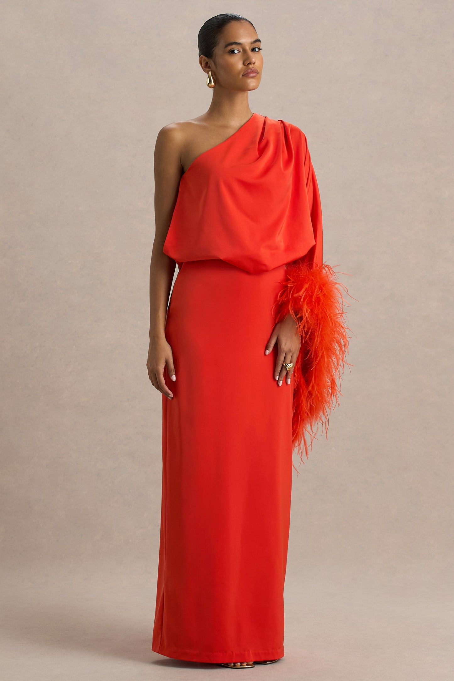 Felicity | Orange Satin Asymmetric-Neck Maxi Dress With Feather and Ruching Details