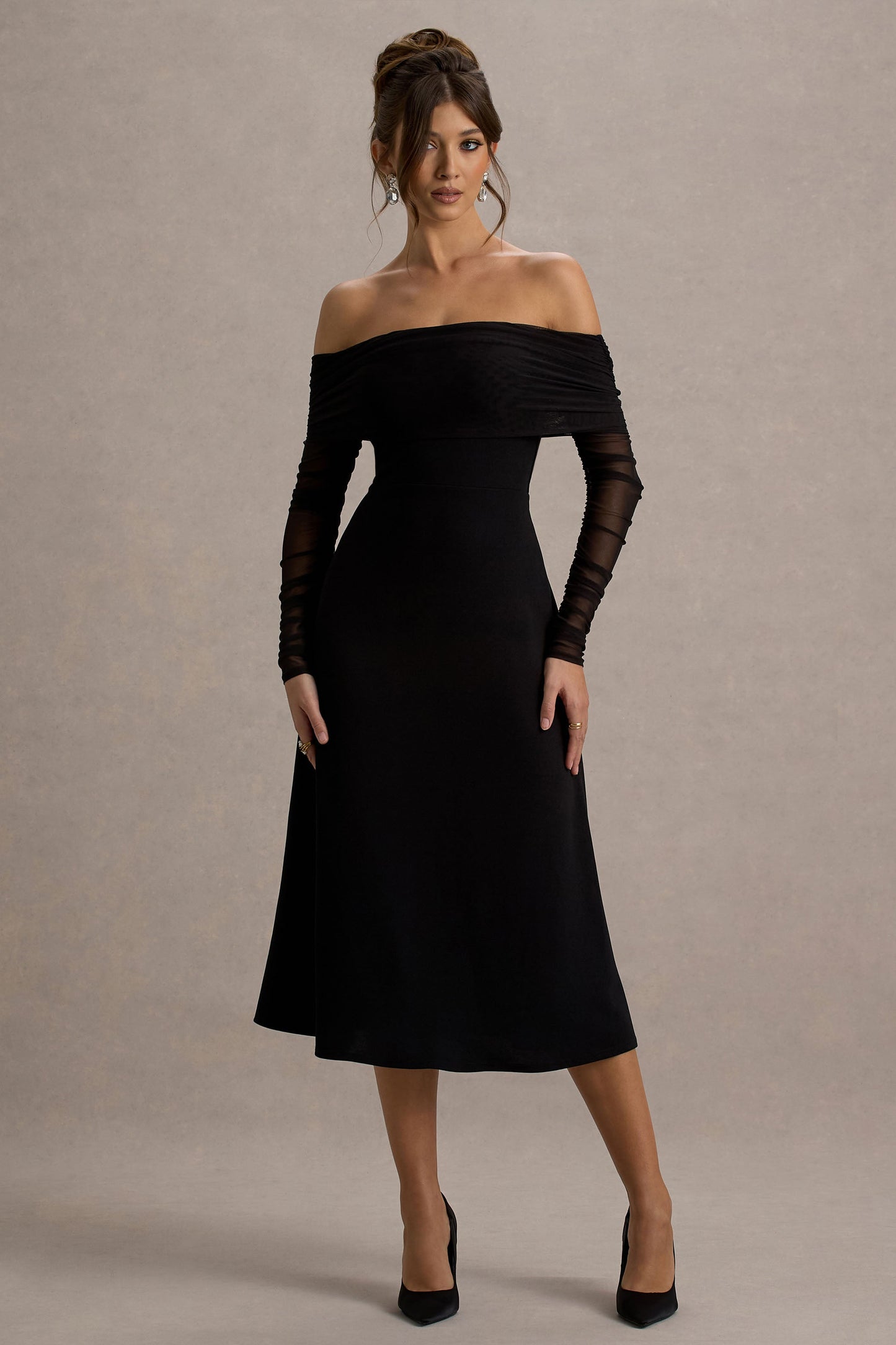 Missy | Black Bardot Long-Sleeve Midi Dress