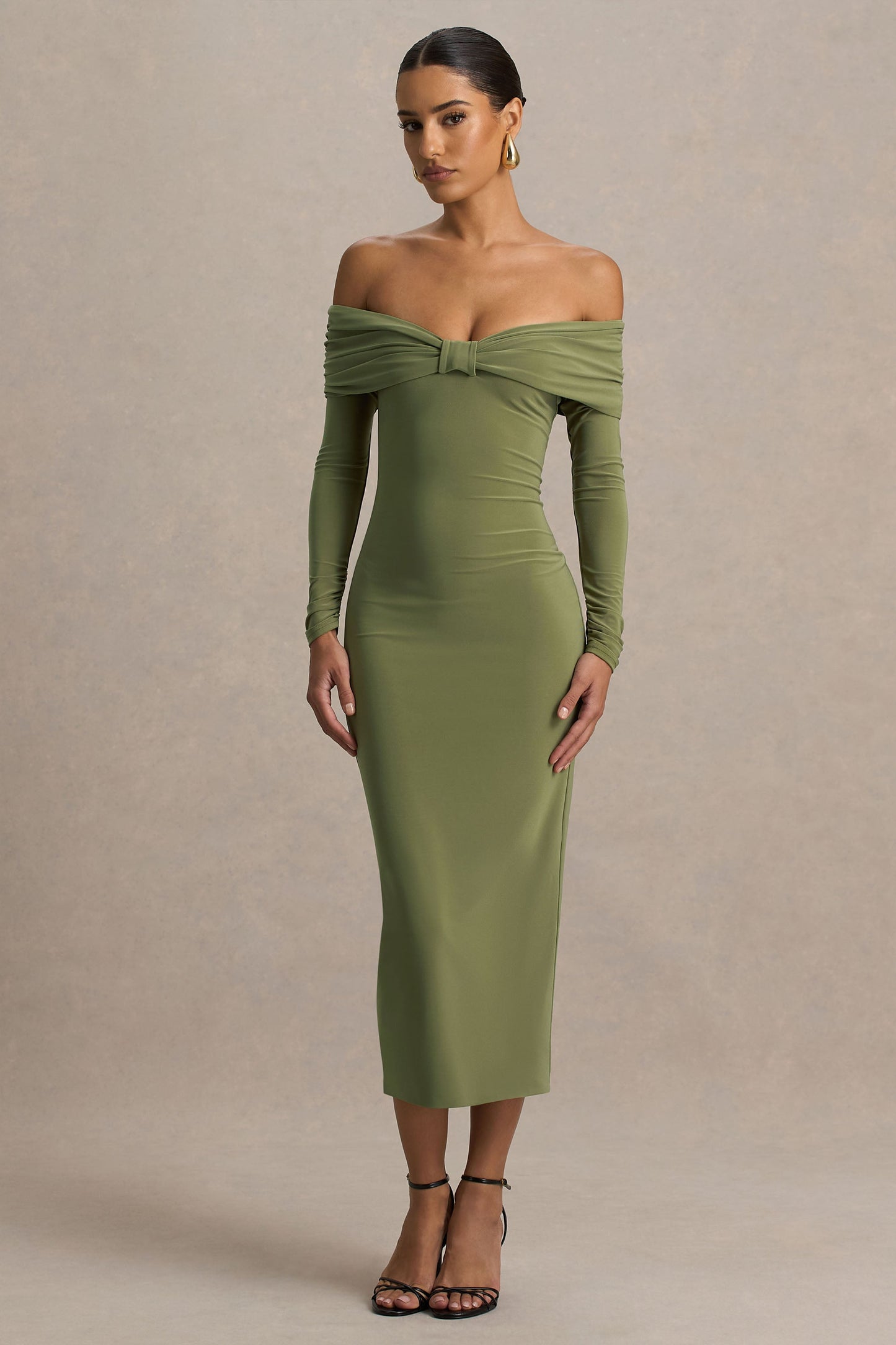 Spark | Olive Bardot-Neck Maxi Dress With Bow Detail