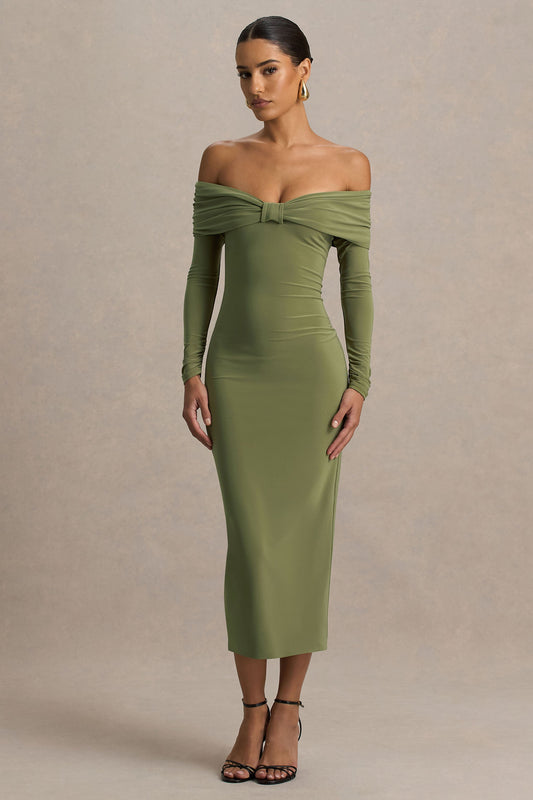 Spark | Olive Bardot-Neck Maxi Dress With Bow Detail