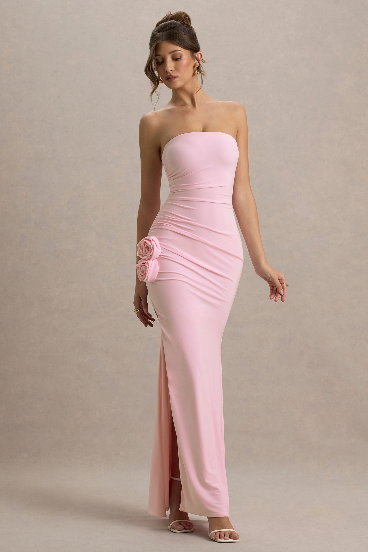 My Muse | Pink Ruched Bandeau Split Maxi Dress With Flowers