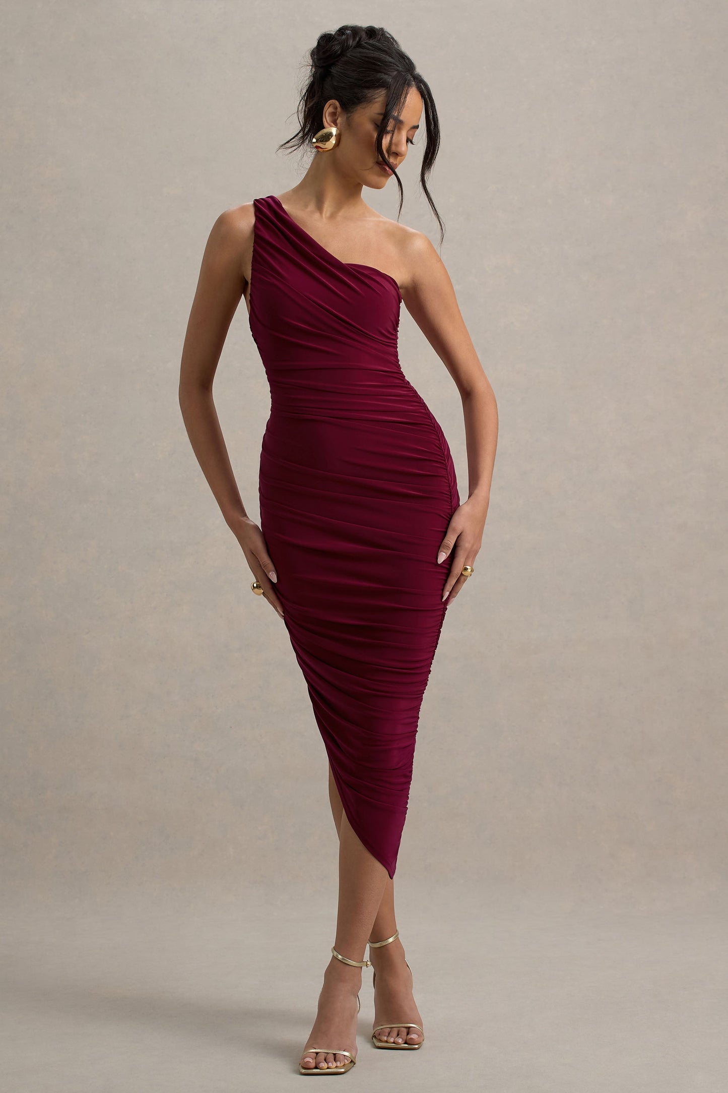 Dorit | Burgundy One Shoulder Asymmetric Ruched Midi Dress