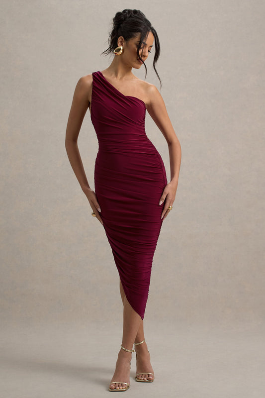 Dorit | Burgundy One Shoulder Asymmetric Ruched Midi Dress