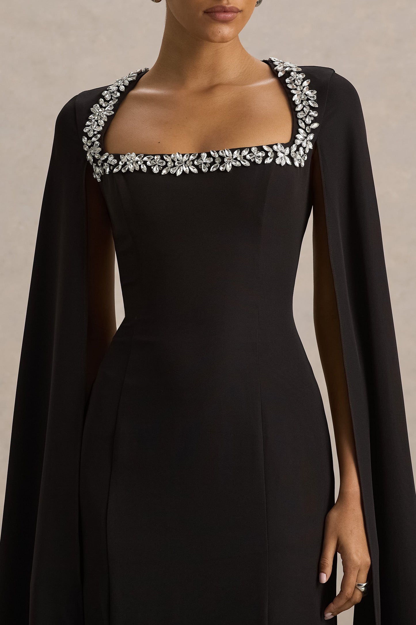 Glossy | Black Woven Square-Neck Maxi Dress With Cape Sleeves and Embellished Detail