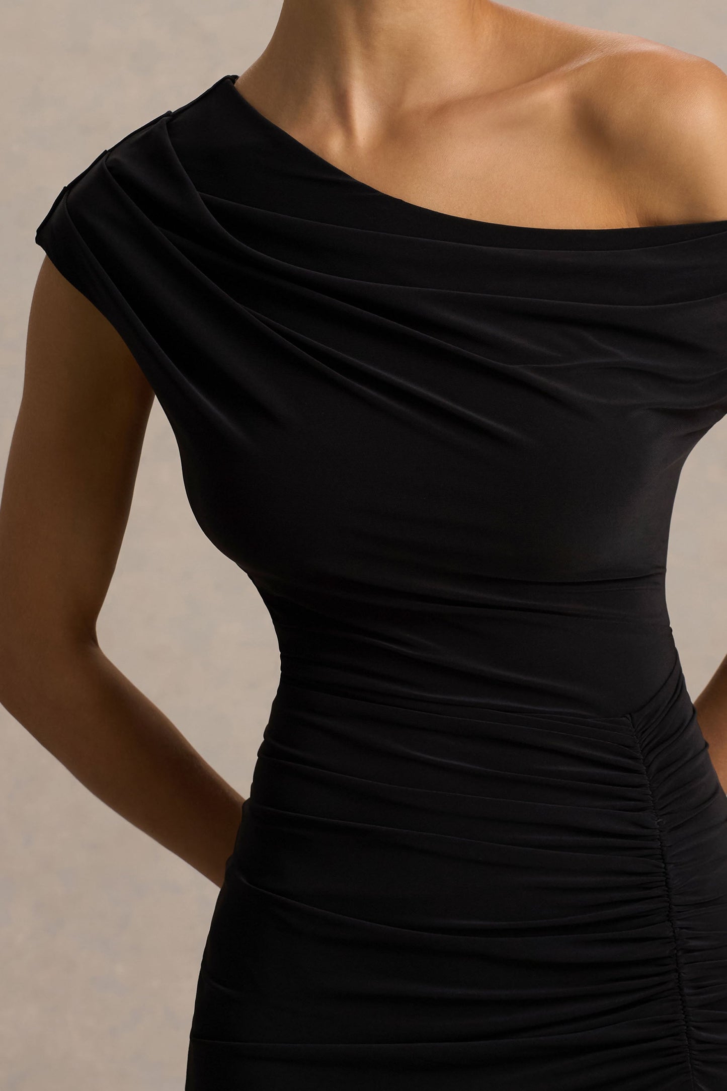 Kady | Black Asymmetric-Neck Maxi Dress With Ruched Detailing and Front-High Split