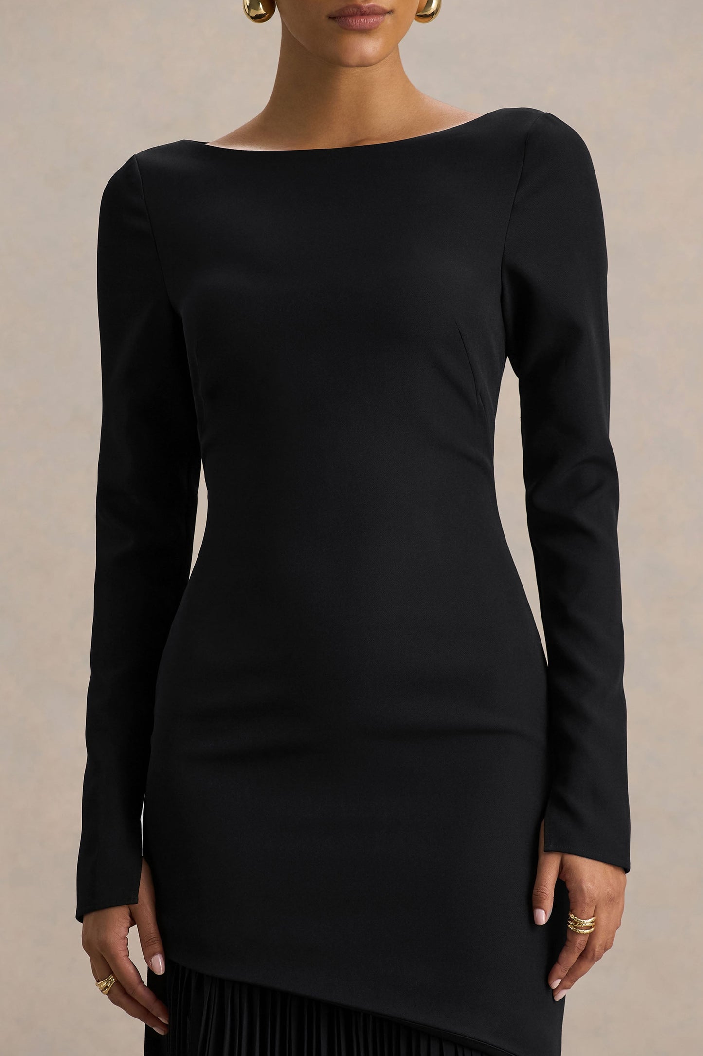 Yanira | Black Crepe And Georgette Crew-Neck Maxi Dress With Drop Waist