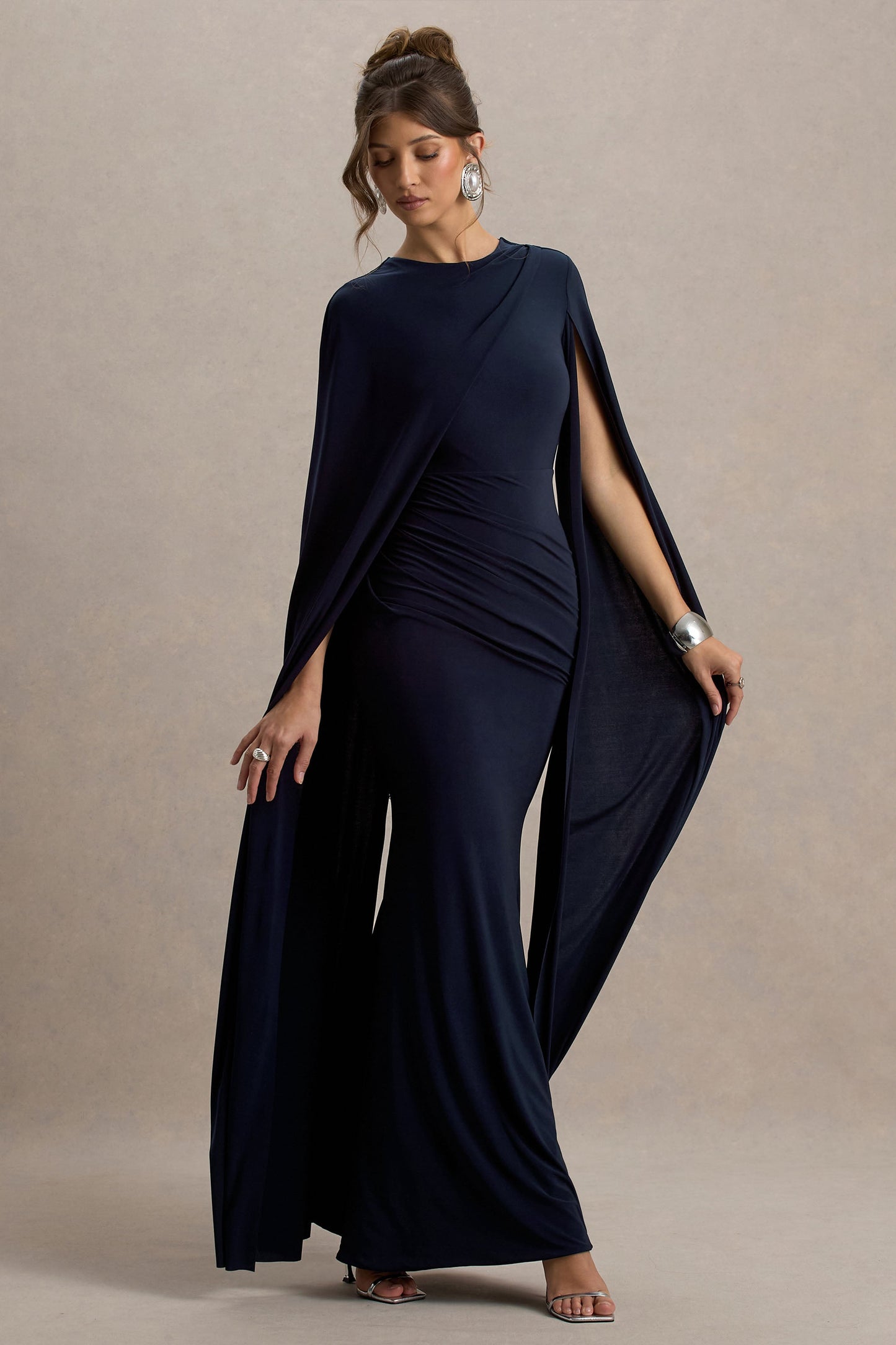 Magdelena | Navy Asymmetric Cape Maxi Dress